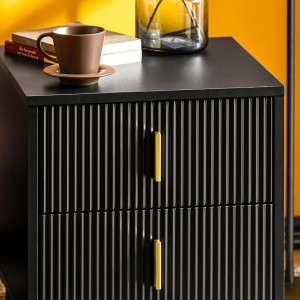 NON11 - Set 2x Noptiere negre 40x40x47 cm, riflaje, cu 2 sertare, dormitor - Negru-Auriu - Img 4