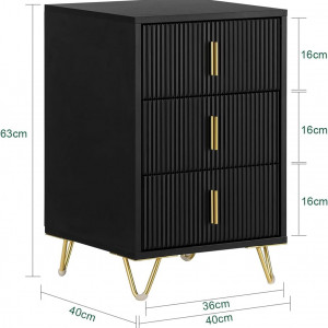 NON12 - Set 2x Noptiere negre 40x40x63cm, riflaje, cu 3 sertare, dormitor - Negru-Auriu - Img 5
