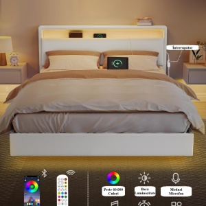PAA2 - Pat tapitat, 140 / 160 x 200 cm cu USB, USB-C, LED, si Raft - Alb Piele Ecologica - Img 2