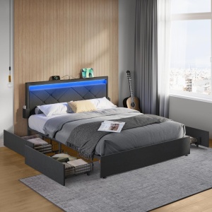PAG2 - Pat tapitat, 140 sau 160 x 200 cm, cu 4 Sertare, LED, USB si USB-C, Organizatoare Carti - Gri