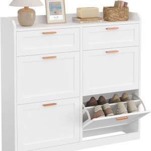 PANA204 - Pantofar 100 cm ingust, 4 compartimente si 2 sertare, pantofare, depozitare pantofi, mobilier hol - Alb - Img 6