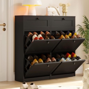 PANA31 - Pantofar 105cm ingust, 4 compartimente si 2 sertare, pantofare, depozitare pantofi, mobilier hol - Alb / Negru - Img 4