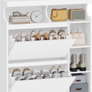 PANA34 - Pantofar 95 cm ingust, 2 compartimente si Rafturi, pantofare, depozitare pantofi, mobilier hol - Alb - Img 4