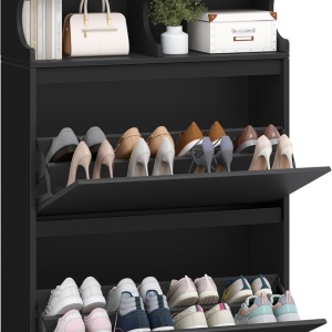 PANA35 - Pantofar 80 cm ingust, 2 compartimente, Sertare si Rafturi, pantofare, depozitare pantofi, mobilier hol - Alb / Negru - Img 3
