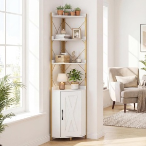 RAAU14 - Raft colt cu 4 polite si 1 dulap, 38 cm pentru birou, hol, living, baie - Auriu Alb / Negru / Maro