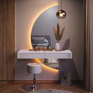 SEA14 - Set Masa toaleta, 120 cm, cosmetica machiaj, oglinda LED, masuta vanity cu sau fara scaun - Alb - Img 1