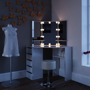 SEA255 - Set Masa alba toaleta cosmetica machiaj oglinda cu LED, masuta vanity pe colt