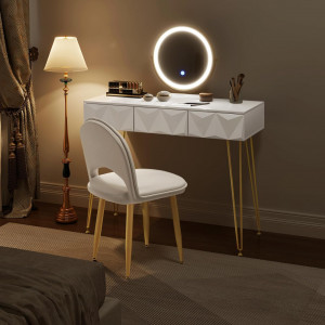 SEA435 - Set Masa toaleta, 100 cm, cosmetica machiaj, oglinda cu LED, masuta vanity, scaun tapitat - Alb lucios