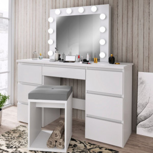 SEA516 - Set Masa toaleta, 120 cm, cosmetica machiaj, masuta vanity, oglinda cu LED-uri - Alb Mat sau Lucios cu sau fara scaun, cu sau fara Priza