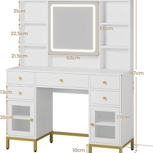 SEA827 - Set Masa toaleta 110 cm, cu Priza si USB, 5 Sertare, rafturi, Oglinda cu LED, Organizator Bijuterii, masuta vanity, make-up - Alb - Auriu - Img 2