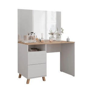 SEA913 - Set masă toaletă 110 cm pentru machiaj cu oglindă LED, opțiune cu sau fără scaun – Design modern și funcțional - Alb - Culoarea Stejar - Img 2