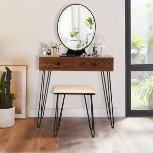 SEM12- Set Masa toaleta, 80 cm, cosmetica machiaj oglinda cu LED, masuta makeup cu scaun tapitat - Maro-Negru