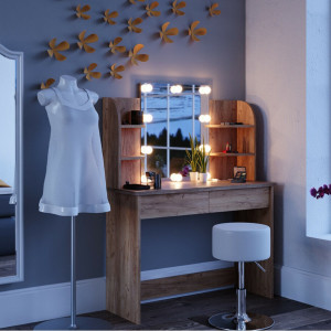 SEM220 - Set Masa toaleta, 108 cm, cosmetica machiaj oglinda cu sau fara LED, masuta vanity, cu sau fara scaunel - Maro