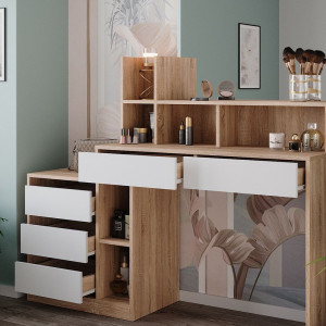 SEM237 - Set Masa toaleta, 140 cm, cosmetica machiaj, oglinda cu sau fara LED, masuta vanity cu sau fara scaun - Alb - Maro - Img 4