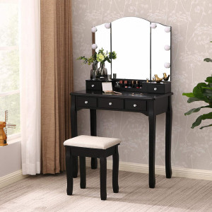 SEN233 - Set Masa Neagra toaleta cosmetica machiaj oglinda cu LED, scaunel taburet tapitat