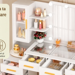 Set Masa toaleta alba 160 cm, cu Priza si USB, cosmetica, machiaj, oglinda cu LED, masuta vanity cu Blat de Sticla, make-up - SEA437 - Img 6