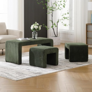 BAA61 - Bancuta / Masuta, 103 cm, bancheta cu 2 tabureti, banca 2 in 1 pentru living, dormitor, hol - Alb / Maro / Verde - Img 4