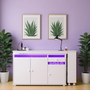 Birou, Masuta manichiura pentru Colt Alba / Neagra, 135 x 114 cm, LED, masa cosmetica pentru salon cu Rafturi deschise si Roti - MANIA217 - Img 6