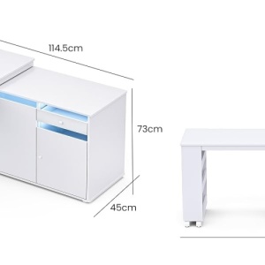 Birou, Masuta manichiura pentru Colt Alba / Neagra, 135 x 114 cm, LED, masa cosmetica pentru salon cu Rafturi deschise si Roti - MANIA217 - Img 8