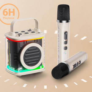 CADC14 - Set Sistem Mini Karaoke si 2 Mini Microfoane, Jucarii copii, Cadou pentru Craciun, Petreceri in familie - Bej - Img 2