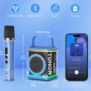CADC15 - Set Sistem Mini Karaoke si 2 Mini Microfoane, Jucarii copii, Cadou pentru Craciun, Petreceri in familie - Albastru - Img 4