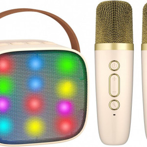 CADC4 - Set Sistem Mini Karaoke si 2 Mini Microfoane, Jucarii copii, Cadou pentru Craciun, Petreceri in familie - Bej