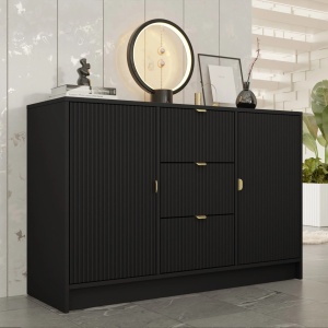 CON2 - Comoda, 118 cm, dulap living, dormitor sau hol cu 3 sertare si 2 dulapuri - Crem / Alba / Neagra - Img 5