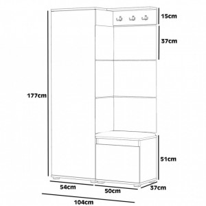CUI514 - Cuier 104x37x177 cm - 3 agatatori haine, hol, pantofar - Stejar, tapiterie Turcoaz/Gri/Albastru - Img 2