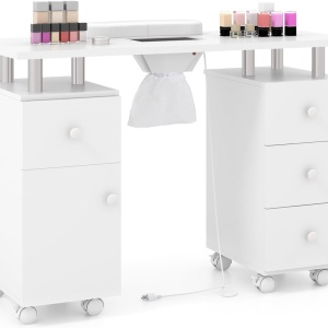 MANIA4 - Masuta manichiura, 108 cm, masa cosmetica cu Aspirator incorporat, pernita - Alb / Negru / Roz - Img 2