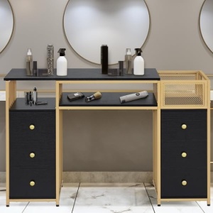 MANIAU205 - Masuta manichiura, birou, 125 cm, masa cosmetica pentru salon - Alb / Negru - Auriu - Img 11