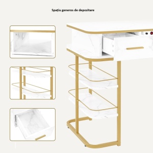 MANIAU208 - Masuta manichiura, 112 cm, cu Aspirator Incorporat cu 2 Saci, 3x Prize, masa cosmetica - Alb cu Imitatie de marmura - Auriu - Img 5