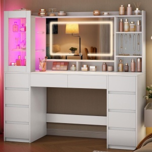 Masuta de machiaj 140 cm, cu Oglinda LED si 10 Sertare pentru Cosmetice, Set Masa toaleta Alba, masuta cosmetica, vanity cu dulapior si rafturi - SEA20
