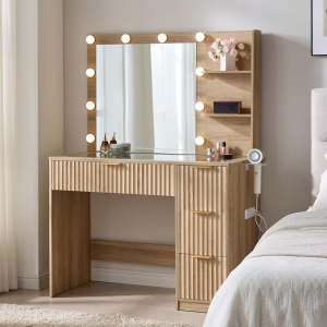 Masuta machiaj 92 cm, Alba sau Maro cu Oglinda LED si 4 Sertare pentru Cosmetice, Set Masa toaleta cu 2 Prize, USB si USB-C, masuta cosmetica, vanity cu Riflaj si Rafturi - SEM26 - Img 7