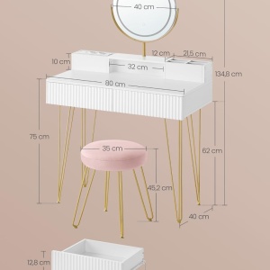 Masuta machiaj alba cu Oglinda LED si 2 Sertare pentru Cosmetice, Set Masa toaleta 80 cm sau 100 cm, masuta cosmetica cu Riflaj, vanity - SEA801 - Img 2