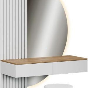 Masuta machiaj alba cu Oglinda LED si 2 Sertare pentru Cosmetice, Set Masa toaleta 100 cm, masuta cosmetica cu Riflaj, vanity - SEA831 - Img 4
