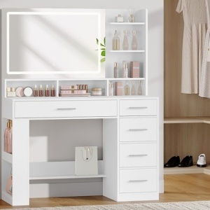 Masuta machiaj cu Oglinda HD LED si 5 Sertare pentru Cosmetice, Set Masa toaleta 108 cm, Alb, masuta cosmetica, vanity - SEA13 - Img 10