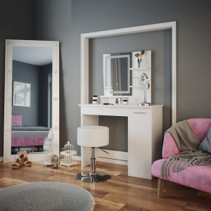 Masuta machiaj cu Oglinda LED si 1 Sertar pentru Cosmetice, Set Masa toaleta 90 cm, Alb, masuta cosmetica, vanity - SEA399 - Img 1