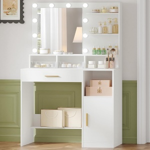 Masuta machiaj cu Oglinda LED si 1 Sertar pentru Cosmetice, Set Masa toaleta 80 cm, Alb / Negru / Gri, masuta cosmetica, vanity - SEG19 - Img 2