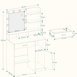 Masuta machiaj cu Oglinda LED si 1 Sertar pentru Cosmetice, Set Masa toaleta 80 cm, Alb / Negru / Gri, masuta cosmetica, vanity - SEG19 - Img 12