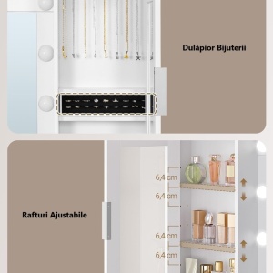 Masuta machiaj cu Oglinda LED si 10 Sertare pentru Cosmetice, Set Masa toaleta 150 cm, Alb, masuta cosmetica cu Priza si USB, vanity cu Suport Uscator de Par si Dulapior Bijuterii - SEA10 - Img 10