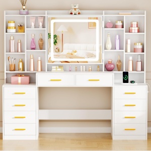 Masuta machiaj cu Oglinda LED si 10 Sertare si Rafturi pentru Cosmetice, Set Masa toaleta 150 cm, Alb, masuta cosmetica cu Priza si USB, vanity cu Dulapior Bijuterii - SEA204