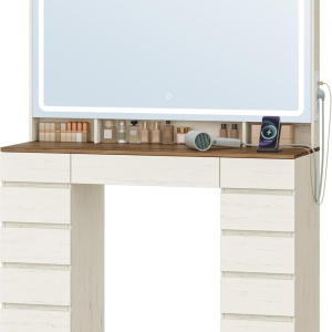 Masuta machiaj cu Oglinda LED si 11 Sertare pentru Cosmetice, Set Masa toaleta 108 cm, Alb, masuta cosmetica, vanity cu Priza si USB - SEA12 - Img 3