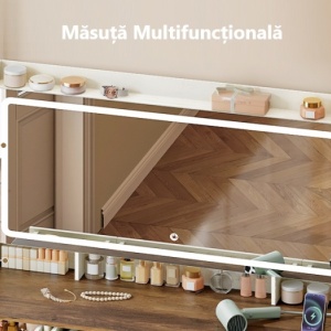 Masuta machiaj cu Oglinda LED si 11 Sertare pentru Cosmetice, Set Masa toaleta 108 cm, Alb, masuta cosmetica, vanity cu Priza si USB - SEA12 - Img 12