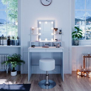Masuta machiaj cu Oglinda LED si 2 Sertare pentru Cosmetice, Set Masa toaleta 80 cm, Alb, masuta cosmetica, vanity - SEA371