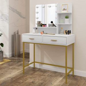 Masuta machiaj cu Oglinda LED si 2 Sertare pentru Cosmetice, Set Masa toaleta 90 cm, Alb, masuta cosmetica, vanity - SEA381