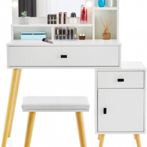 Masuta machiaj cu Oglinda LED si 2 Sertare pentru Cosmetice, Set Masa toaleta 80 cm, Alb, masuta cosmetica, vanity - SEA426 - Img 3