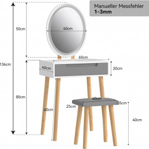 Masuta machiaj cu Oglinda LED si 2 Sertare pentru Cosmetice, Set Masa toaleta 80 cm, Alb, masuta cosmetica, vanity - SEA430 - Img 3