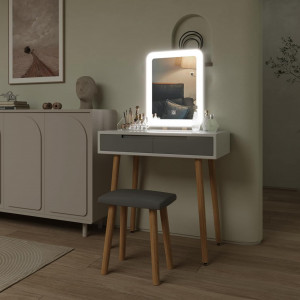 Masuta machiaj cu Oglinda LED si 2 Sertare pentru Cosmetice, Set Masa toaleta 80 cm, Alb, masuta cosmetica, vanity - SEA433 - Img 3