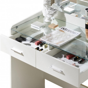 Masuta machiaj cu Oglinda LED si 2 Sertare pentru Cosmetice, Set Masa toaleta 80 cm, Alb, masuta cosmetica, vanity - SEA905 - Img 3