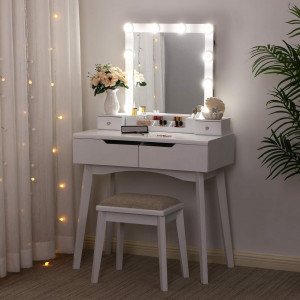 Masuta machiaj cu Oglinda LED si 2 Sertare pentru Cosmetice, Set Masa toaleta 80 cm, Alb, masuta cosmetica, vanity - SEA97